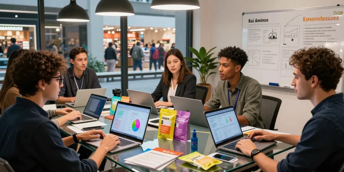 Engaging professionals collaborating in the Koi Aminos marketplace, surrounded by vibrant product samples and marketing strategies.
