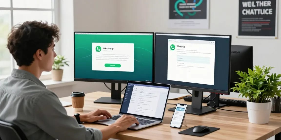 WhatsApp下載 setup in a modern workspace with dual monitors and smartphone notifications.