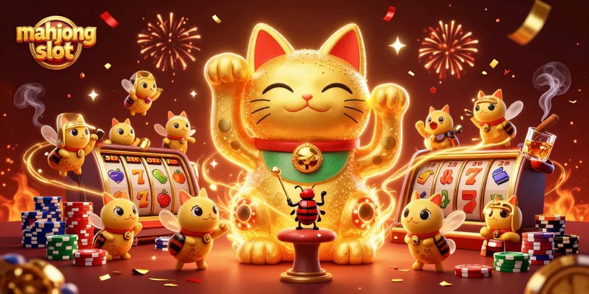 Engage with the exciting mahjong slot adventure featuring a giant lucky cat and vibrant casino elements.
