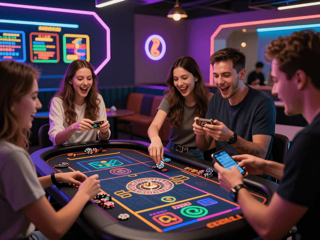 Exciting crypto casino atmosphere with players at a vibrant digital roulette table, showcasing dynamic gaming interactions.