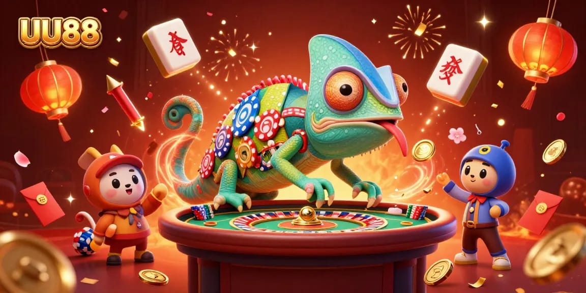 Experience vibrant gaming at UU88 with a lively chameleon casino owner amidst festive decorations.