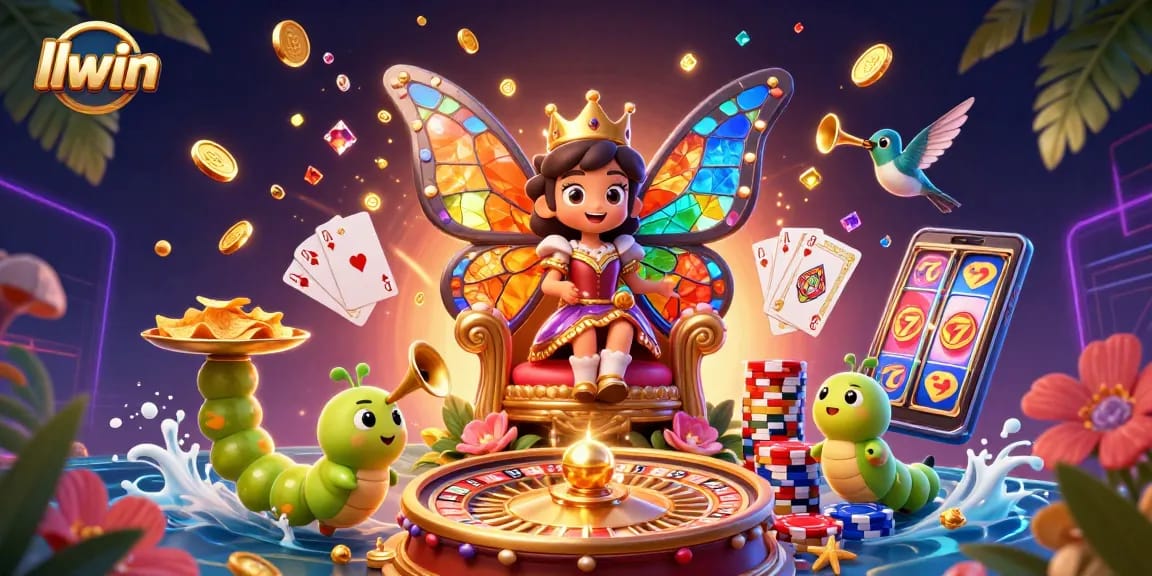 LLWIN casino showcases a vibrant butterfly queen amidst dazzling scenes of winning slots and roulette.