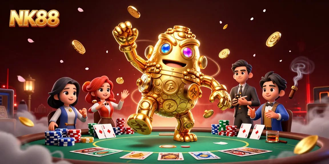 Play thrilling games at NK88's vibrant online casino, featuring dynamic poker scenes and captivating golem characters.