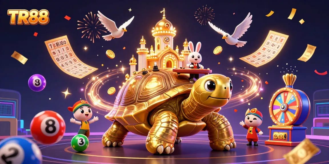 Experience the thrill of TR88 with a 3D scene of a golden tortoise casino and festive elements.