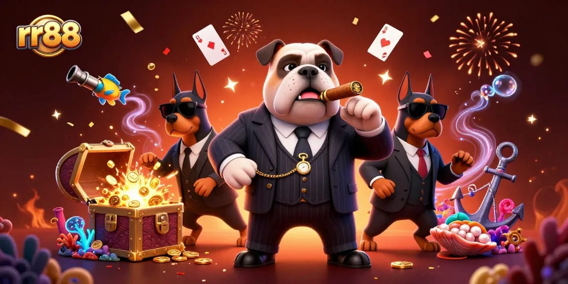Join the fun at rr88 as the vibrant cartoon mafia boss bulldog leads the action in an exciting casino scene.