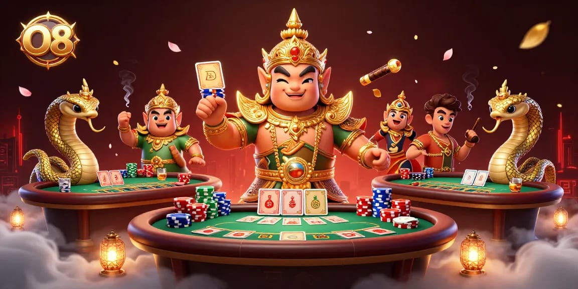 O8 casino, interact with poker games and colorful chips in a vibrant live casino setting