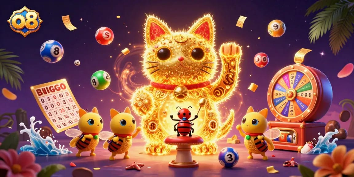 Engage in the exciting world of o8 with a captivating scene of golden fireflies transforming into a lucky cat amidst vibrant casino symbols.