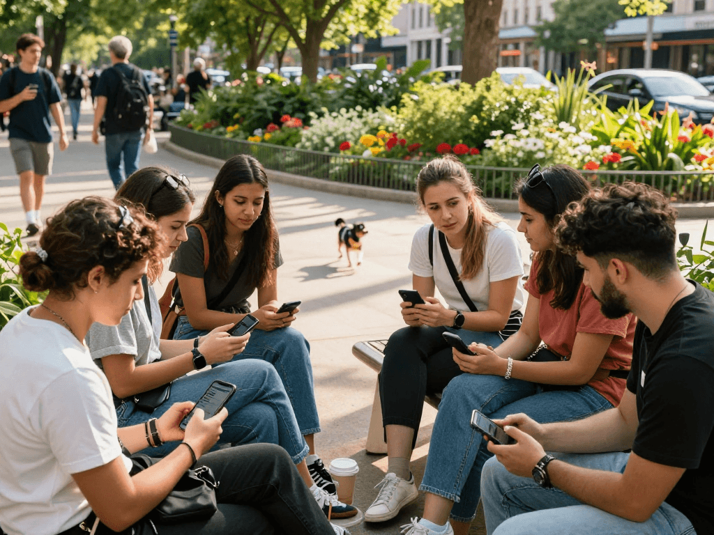 Engaging spicy chat moment among friends in a vibrant urban park.