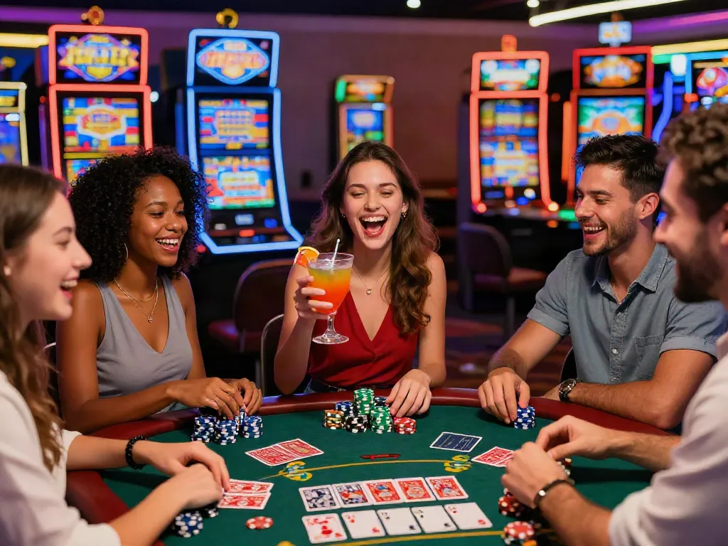 Friends celebrating at casino sites not on GamStop, vibrant atmosphere with gaming tables.