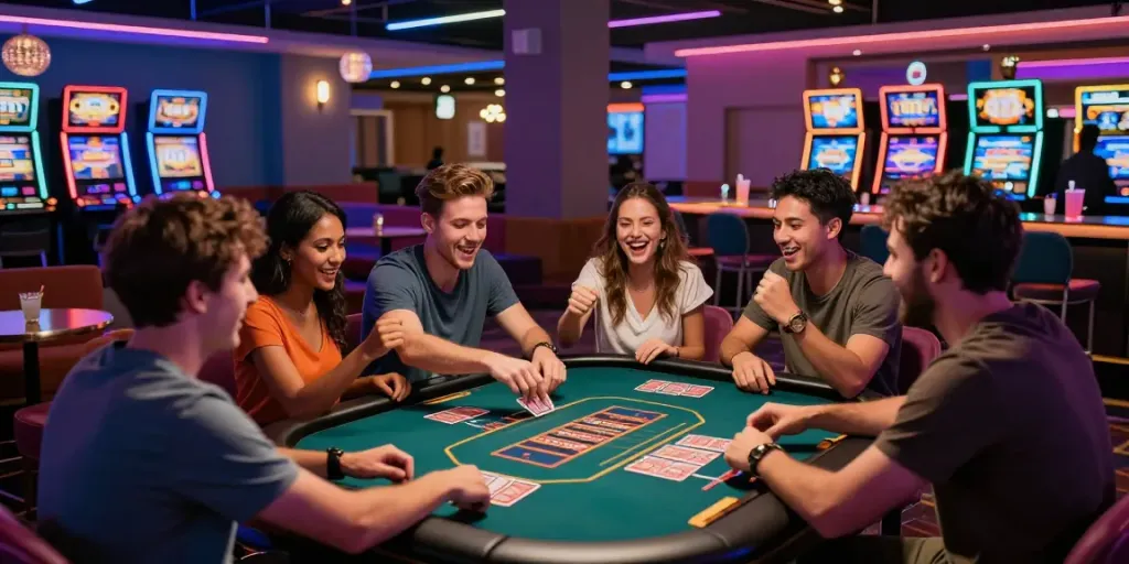 Friends enjoying card games at casino sites not on gamstop with vibrant atmosphere and colorful lights.