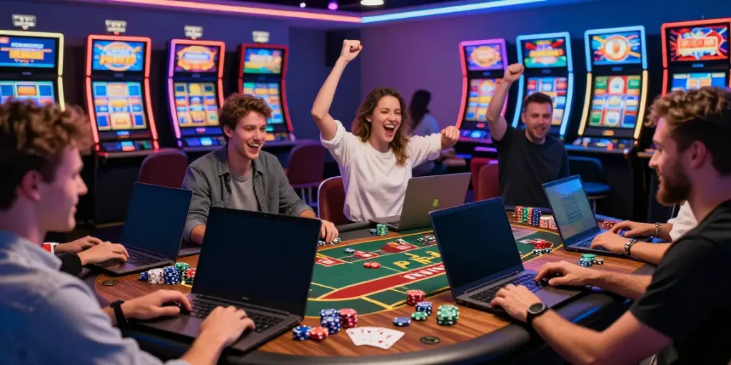Casino sites not on Gamstop featuring players enjoying vibrant online gaming with laptops and smartphones.