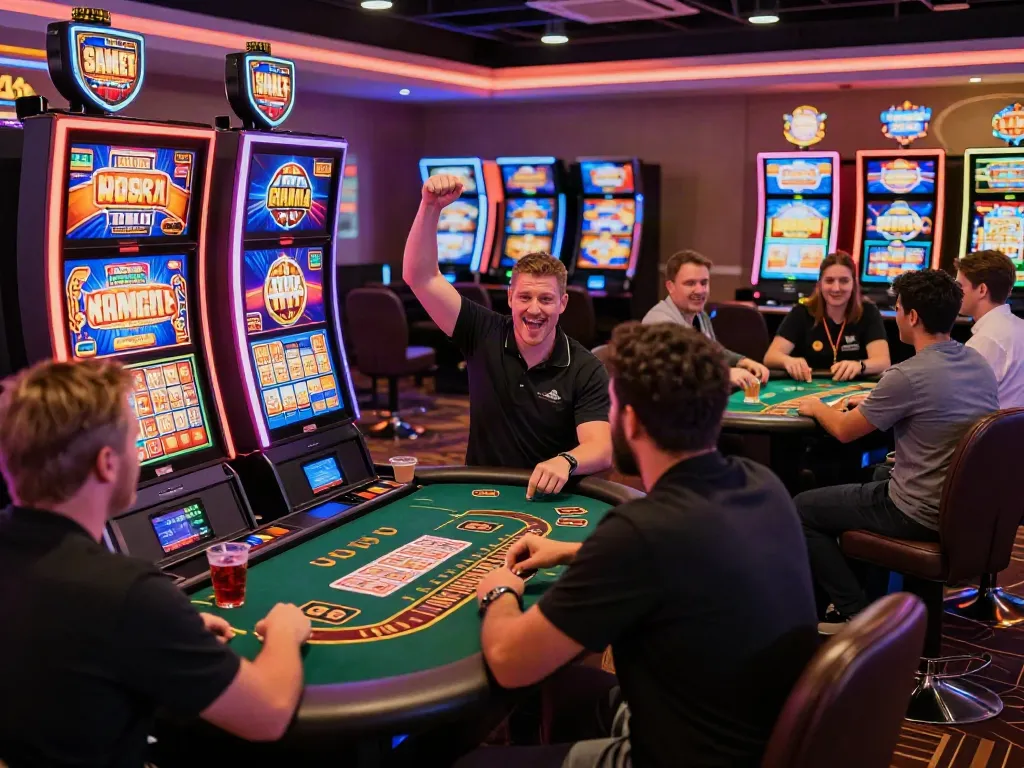 Exciting scene of players at non Gamstop casino sites celebrating wins amidst vibrant slot machines.
