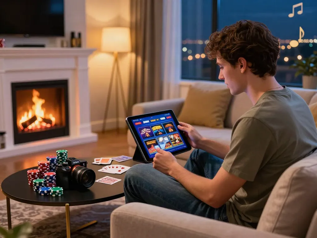 Player enjoying casino sites not on gamstop in a cozy, vibrant gaming room.