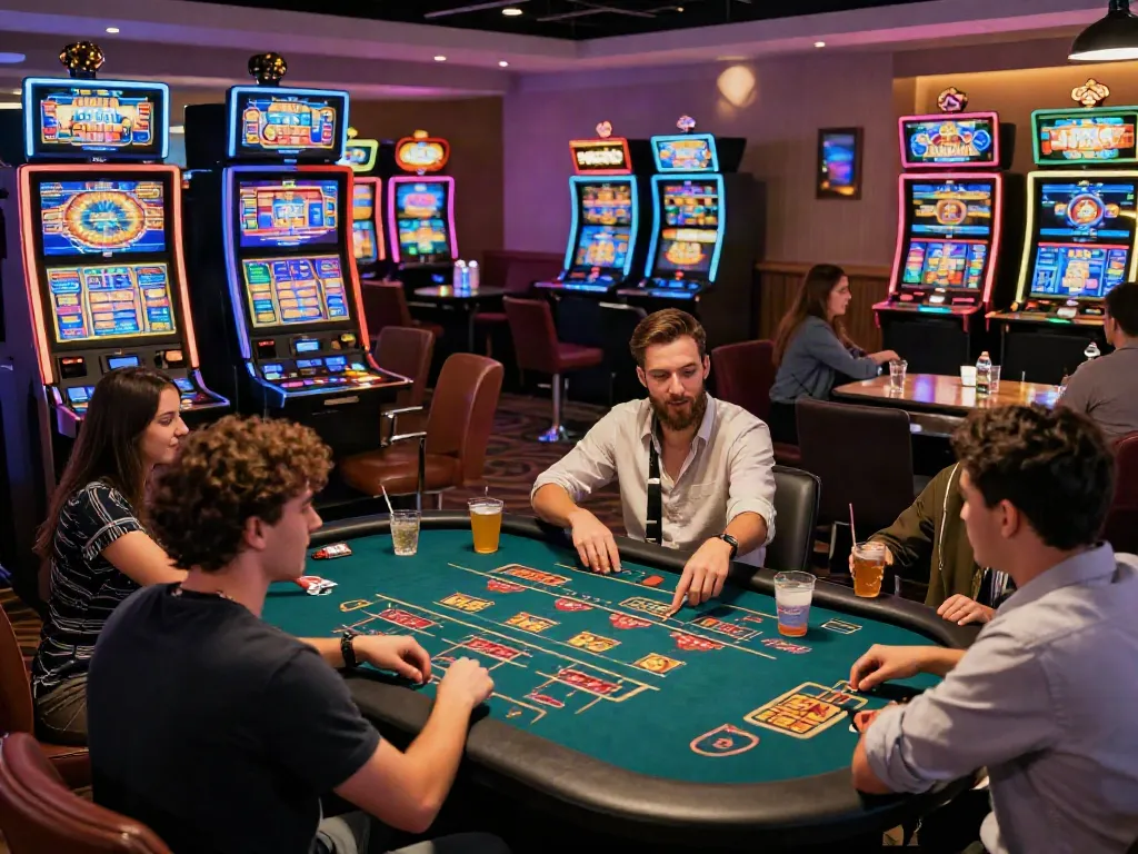 Casino sites not on GamStop with friends enjoying vibrant gaming atmosphere.