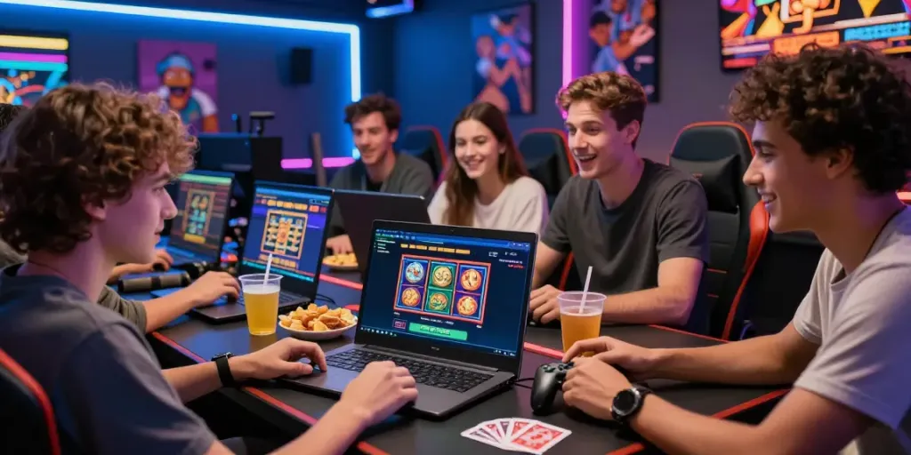 Friends exploring casino sites not on Gamstop on a laptop in a vibrant gaming setup.