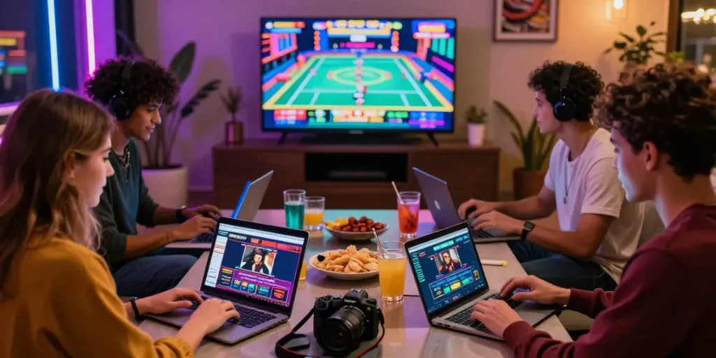 Diverse friends enjoying casino sites not on gamstop in a vibrant, modern living room setting with drinks and laptops.