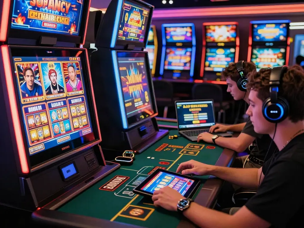 Engaging scene of players exploring casino sites not on gamstop at a lively online casino.