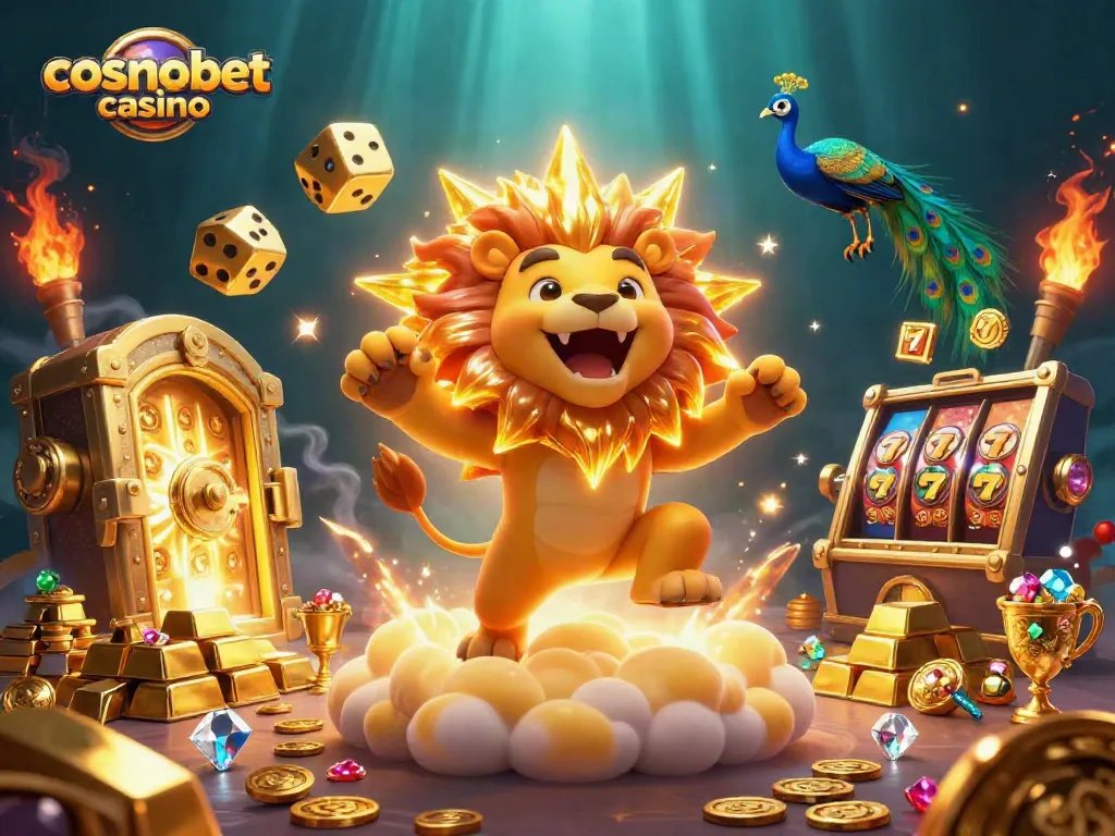 Engage in thrilling games at cosmobet casino with dazzling golden visuals and dynamic slot symbols.