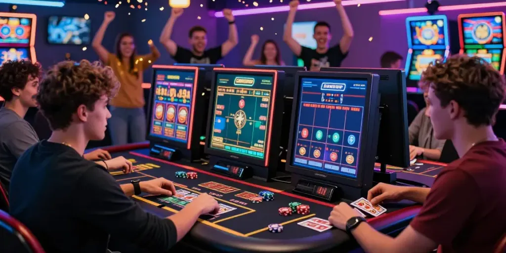 Casino sites not on Gamstop featured lively gaming table with players and vibrant displays.