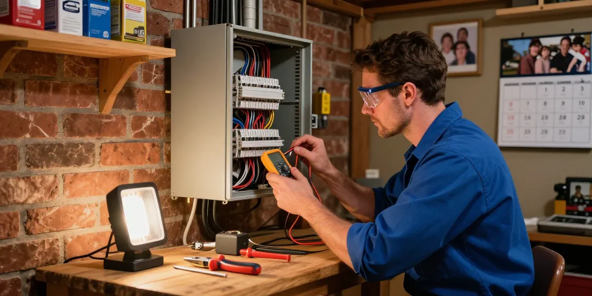Electrician Stevens Point WI troubleshooting residential electrical panel with tools in a warm-lit basement.