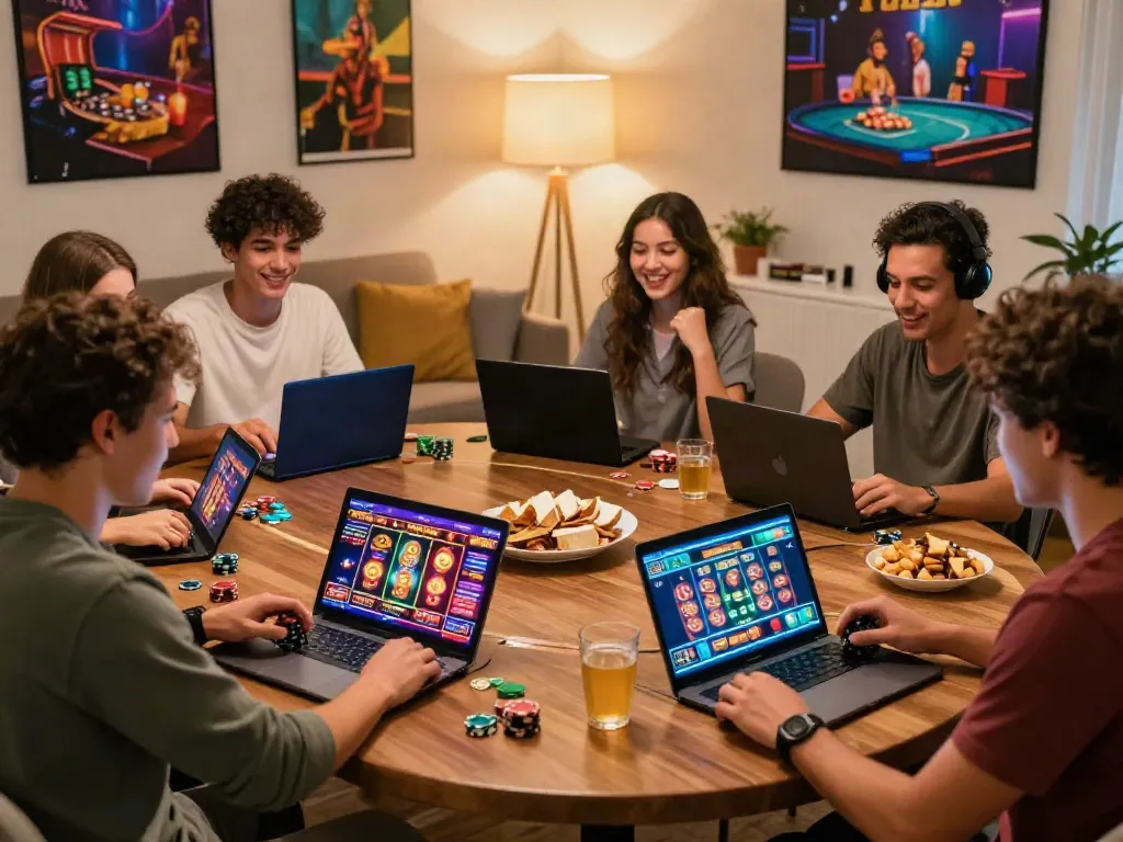 Friends enjoying gaming at casino sites not on gamstop in a cozy living room.