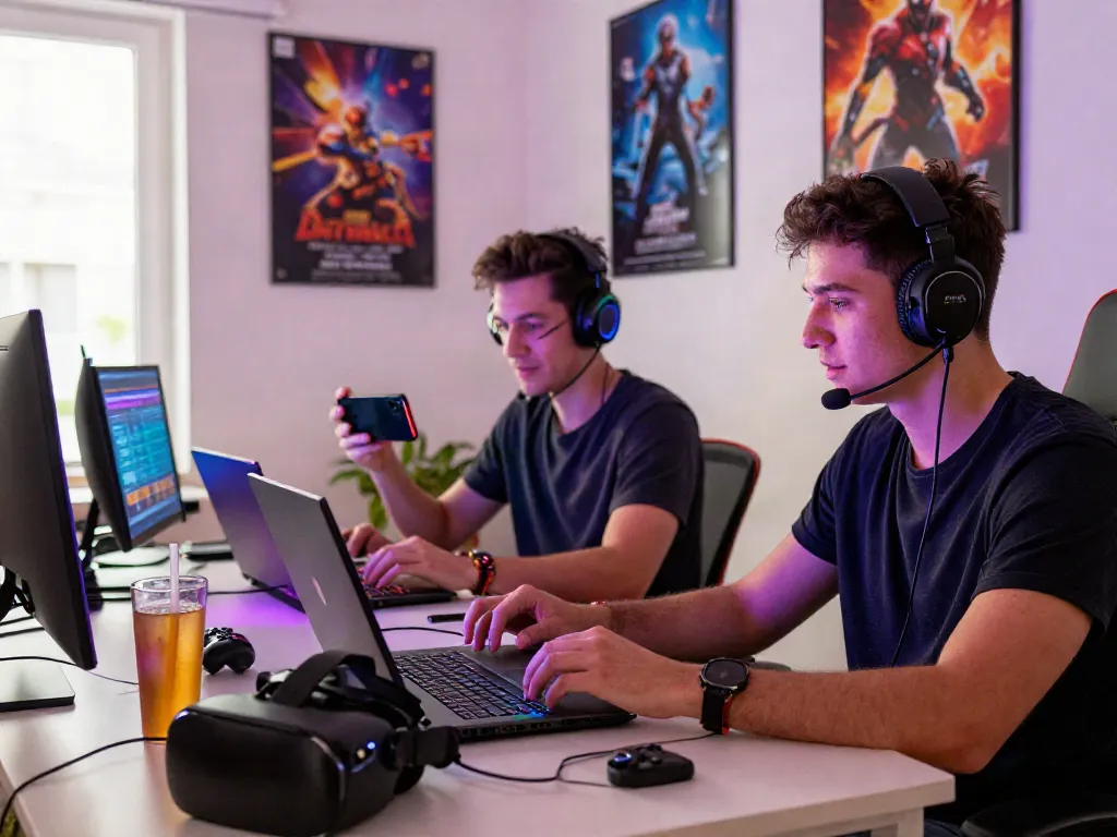 Friends gaming with laptops and checking casino sites not on Gamstop in a colorful room.