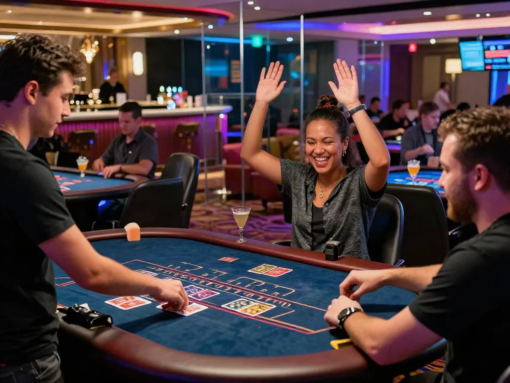 Engaged players celebrating wins at sin88 online casino tables in a vibrant setting.