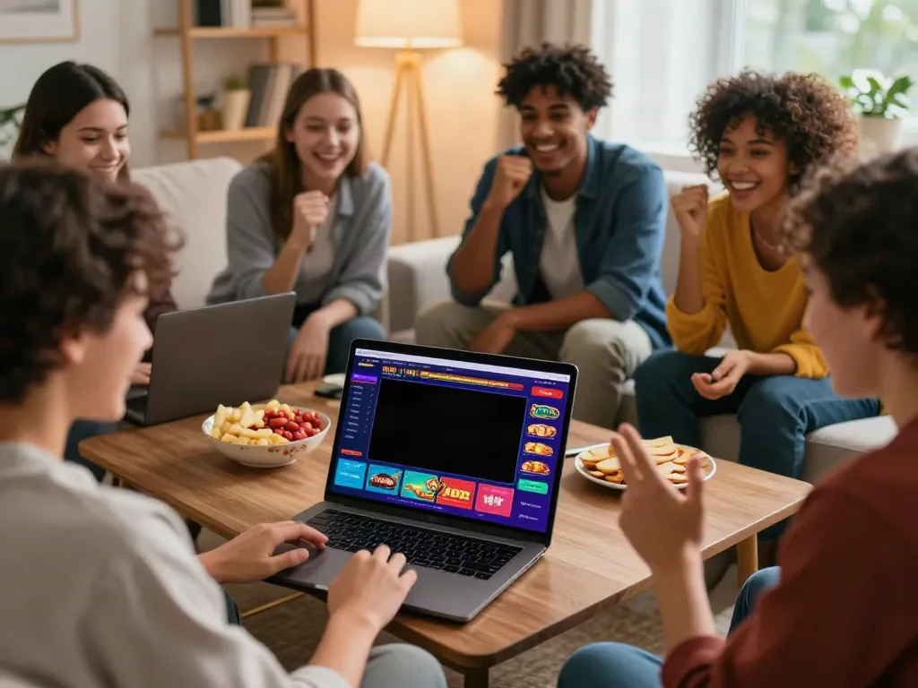 Friends enjoying gaming at casino sites not on gamstop in a cozy living room.