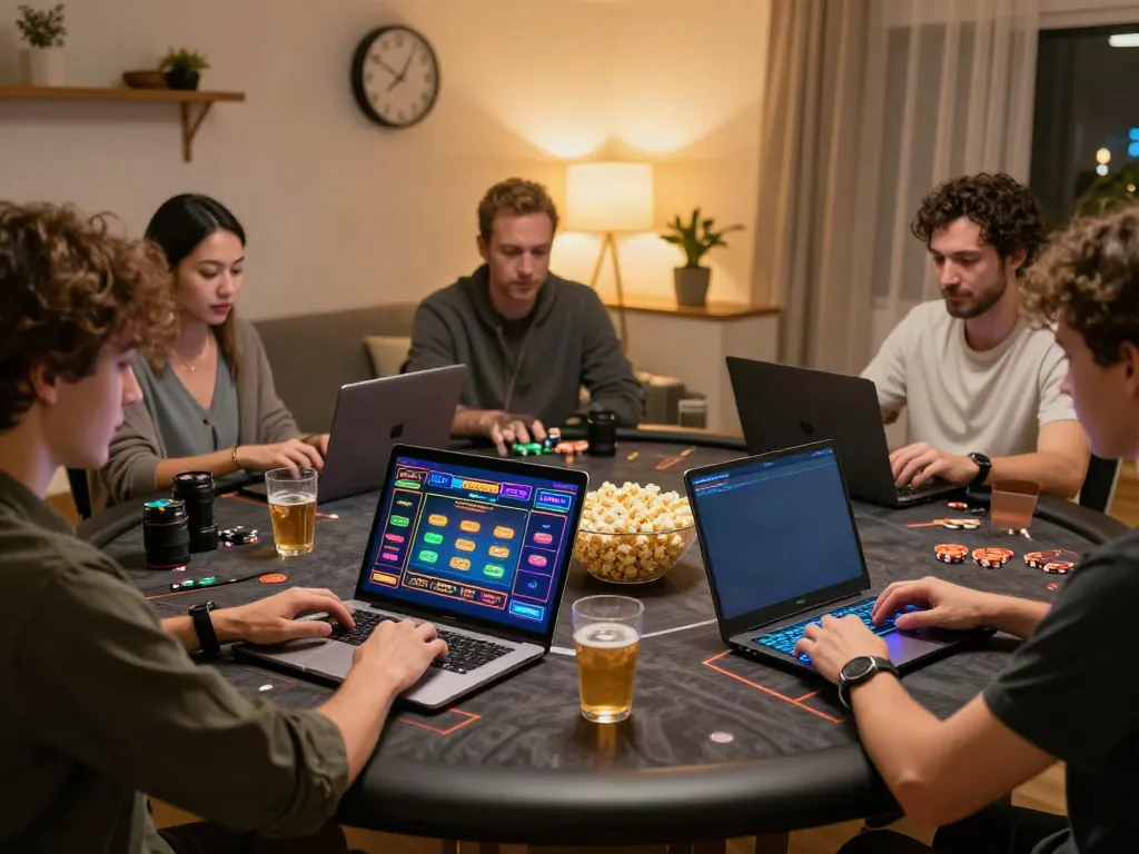 Players enjoying casino sites not on gamstop in a cozy home setting with snacks.