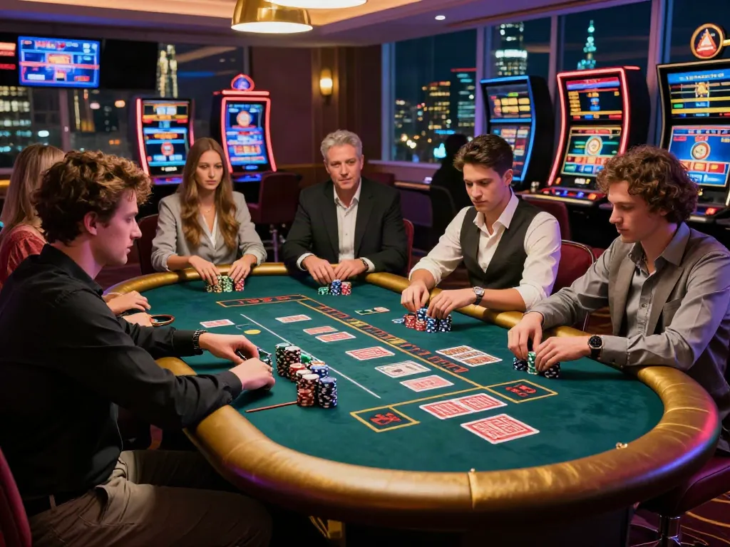 Casino sites not on gamstop featuring vibrant gaming table with players and city skyline.