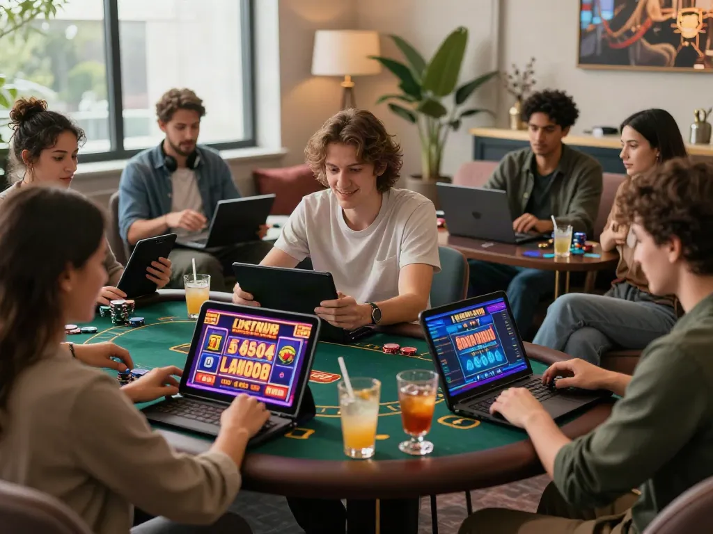 Casino sites not on Gamstop atmosphere with players enjoying diverse games on tablets and laptops.