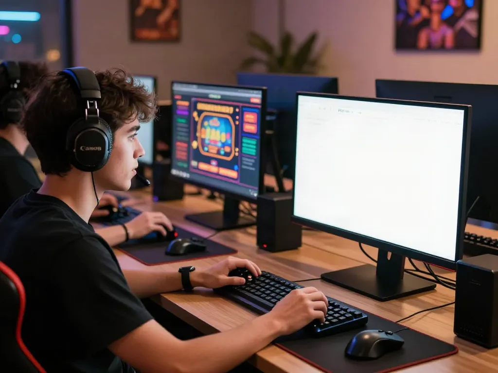 Engaged player exploring casino sites not on GamStop at a sleek gaming setup.