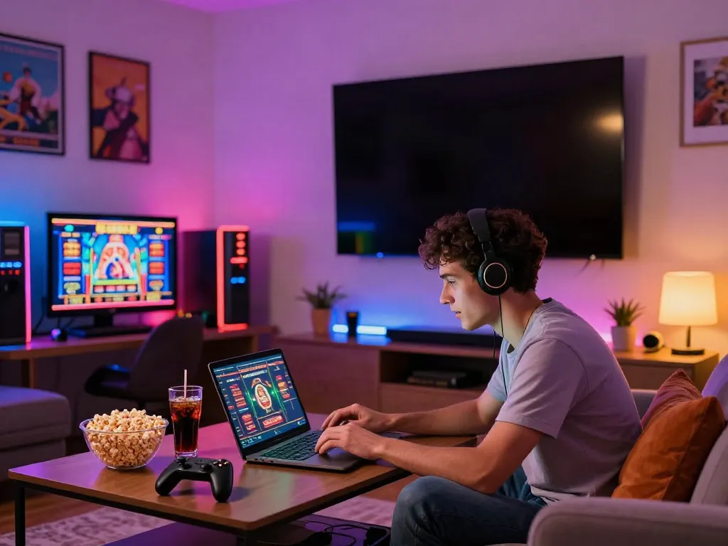 Gamer enjoying casino sites not on gamstop in a vibrant home setting