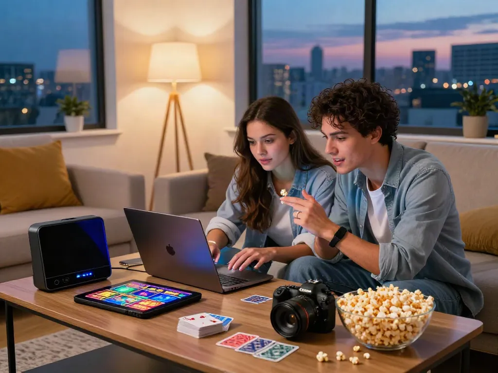 Exciting scene featuring a couple enjoying casino sites not on gamstop while playing slots in a cozy living room.