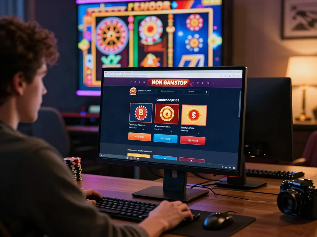 Casino sites not on Gamstop gaming scene with a player at their computer enjoying vibrant online casino experiences.