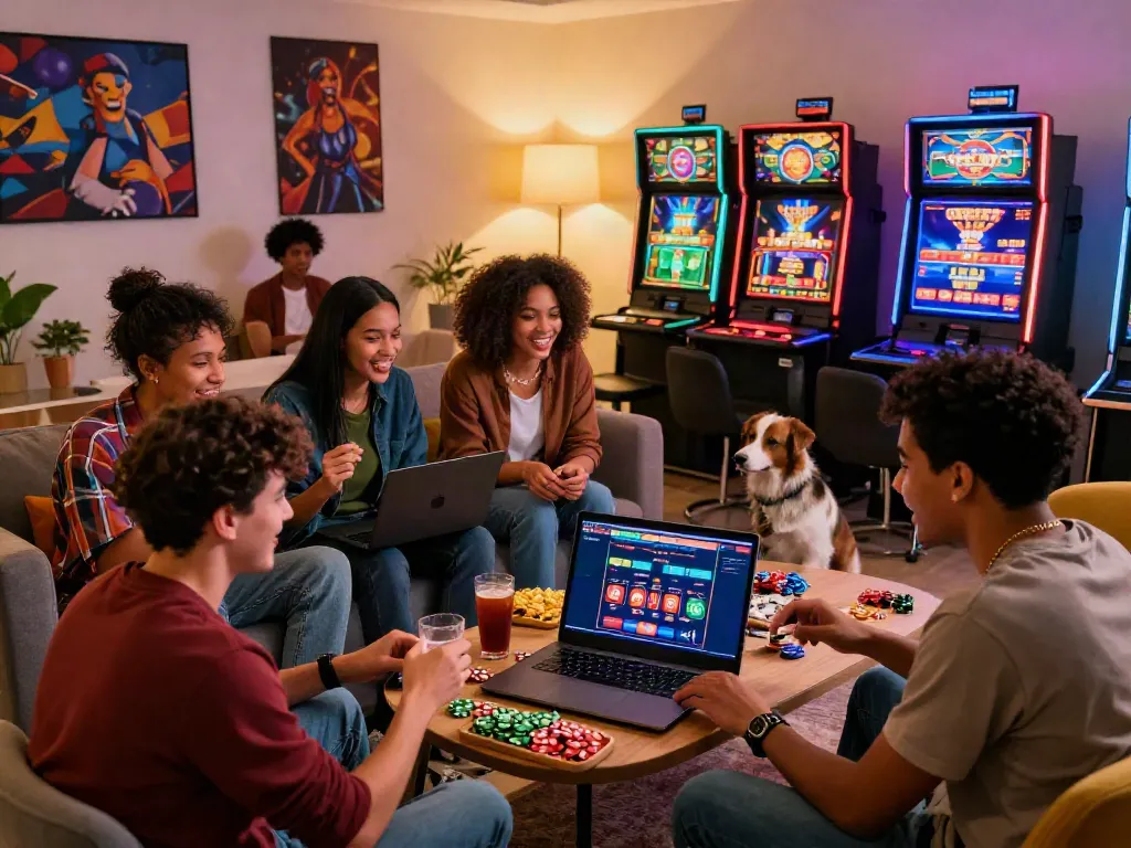 Group of friends enjoying casino sites not on GamStop, exploring games together in a cozy living room setting.