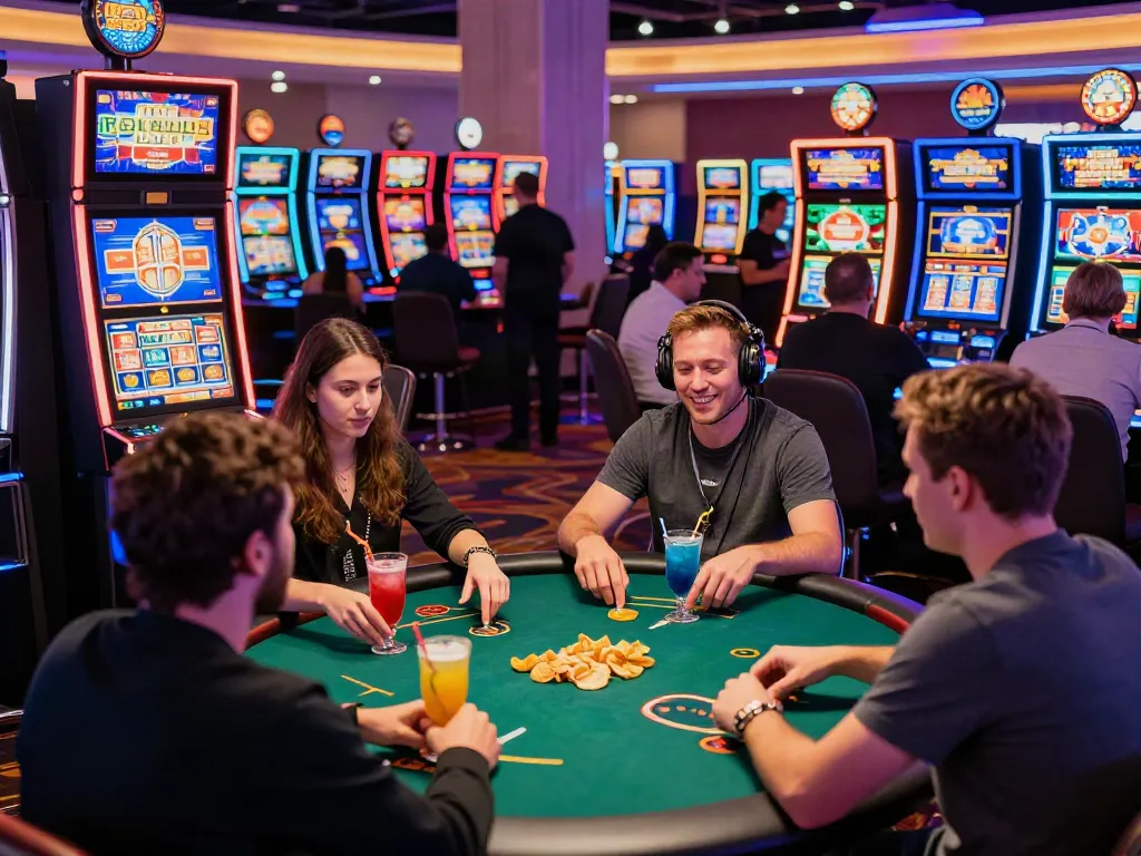 Exciting scene of players at casino sites not on gamstop, celebrating wins amid vibrant gaming activities.