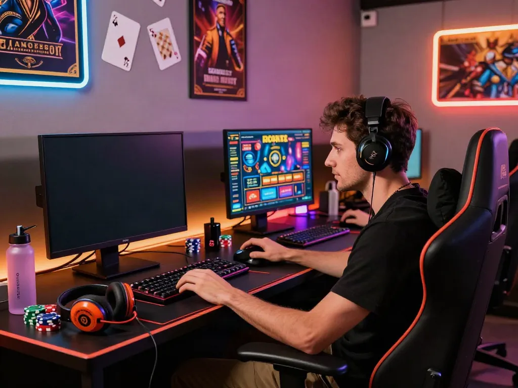 Energetic online gaming setup showcasing a player engaged with casino sites not on gamstop.