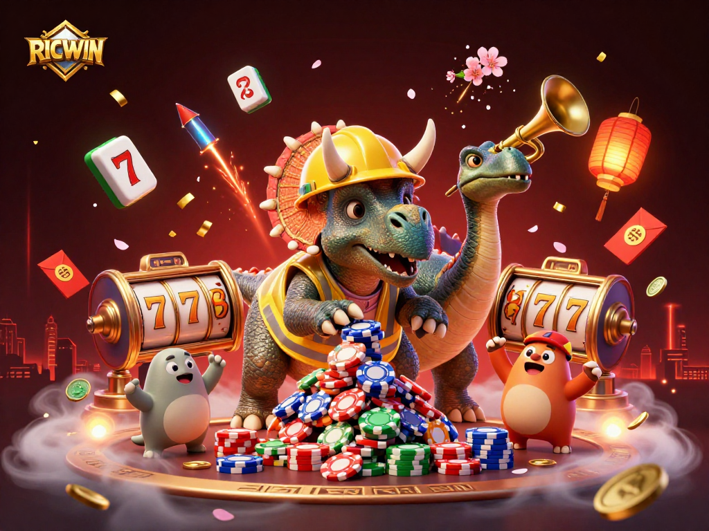 Celebrate winning strategies at RICWIN with a vibrant casino scene featuring dynamic characters and games.