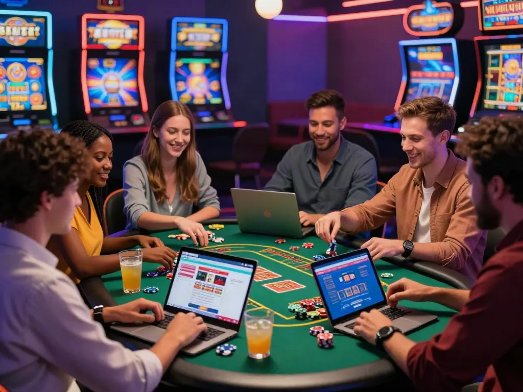Friends enjoying games at casino sites not on gamstop in a vibrant setting