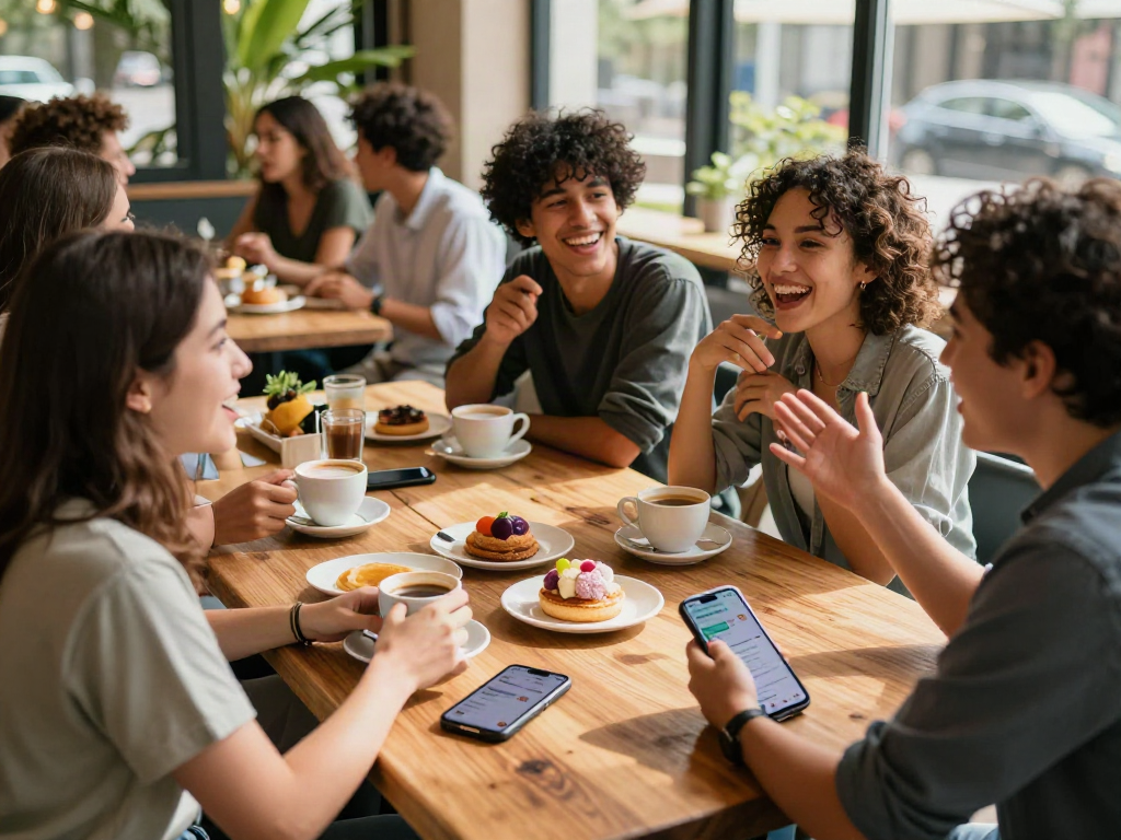 Engaging spicy chat conversation among friends at a cozy café.