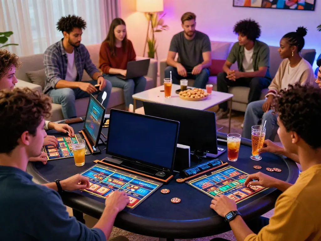 Friends playing casino games at home, highlighting casino sites not on gamstop.