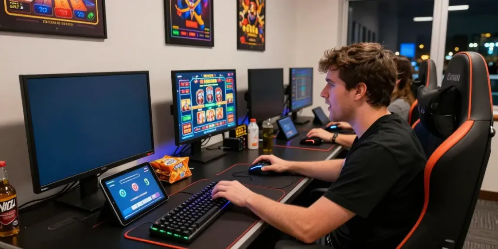 Player engaging at casino sites not on gamstop with vibrant gaming setup and monitors.