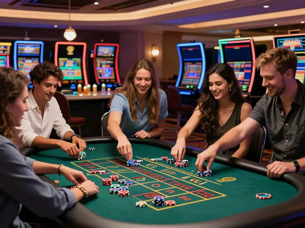 Casino sites not on GamStop with friends playing roulette in a vibrant casino.