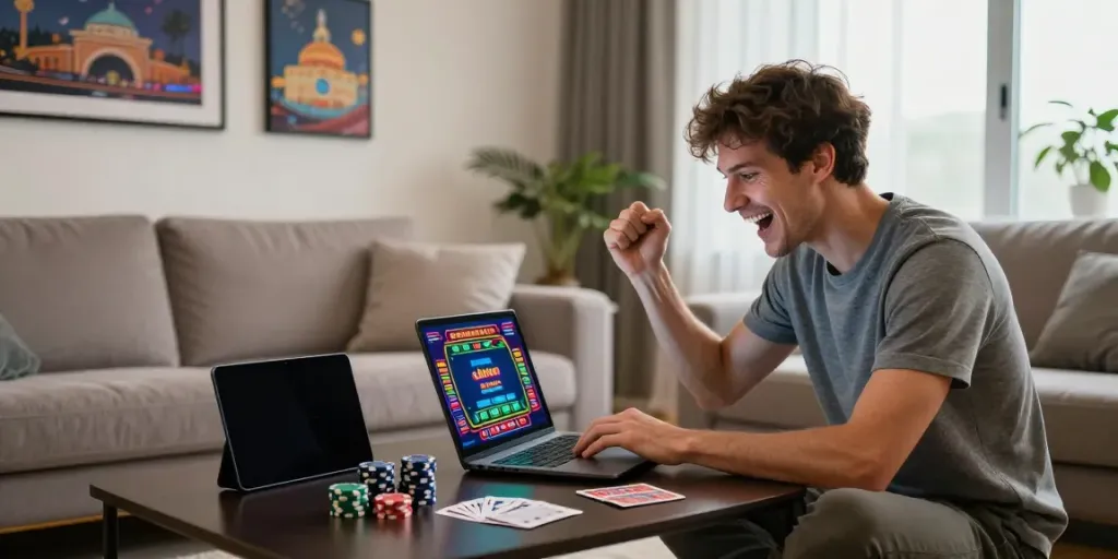 Excited player exploring casino sites not on gamstop in a cozy living room setting.