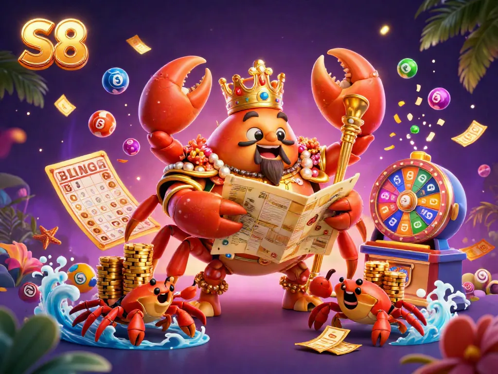 Experience thrilling S8 casino action with a vibrant scene featuring a golden crab emperor amidst lottery elements.