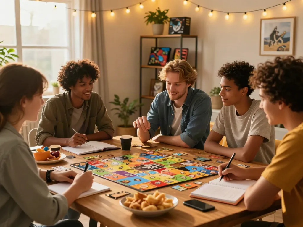 Friends enjoying game night with snacks and games in an inviting atmosphere, highlighting casino sites not on gamstop.
