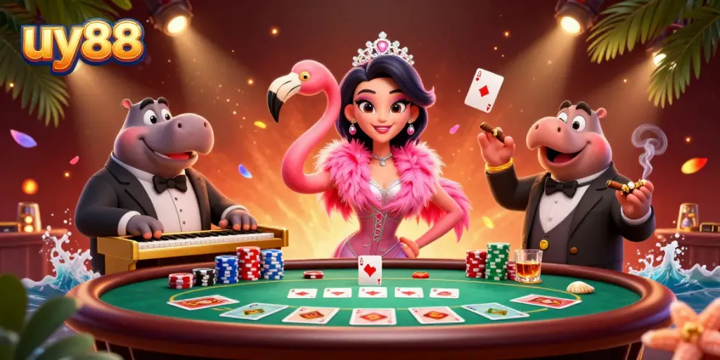 Experience excitement with uy88, a vibrant casino scene filled with lively characters and engaging poker action.