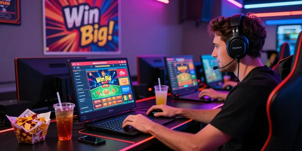 Enthusiastic gamer exploring casino sites not on GamStop in a lively, vibrant environment.