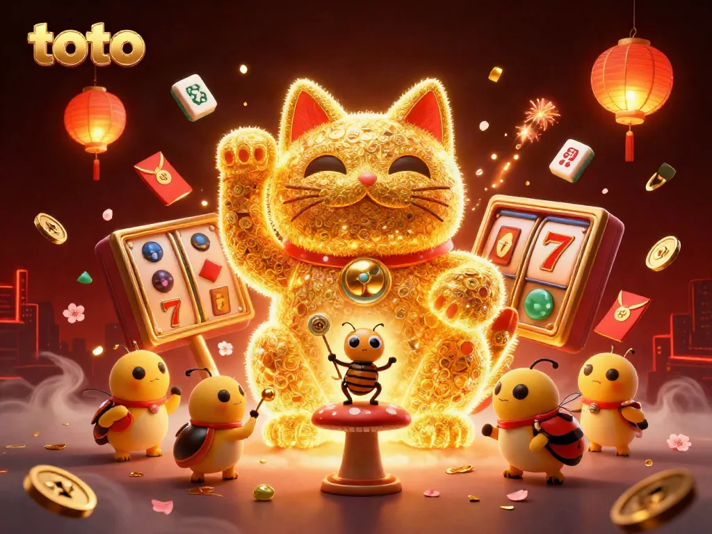 Engage with the vibrant scene of a lucky cat shaped from fireflies amidst dynamic casino elements like slots and lanterns, promoting toto.